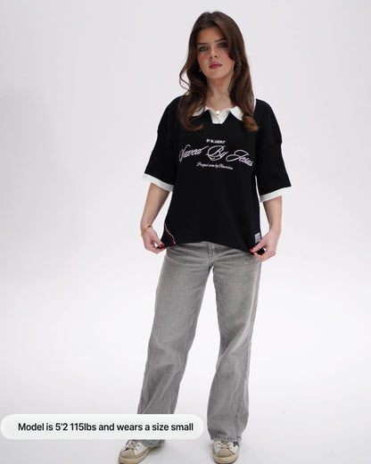 "SAVED BY JESUS" - BLACK KNIT POLO