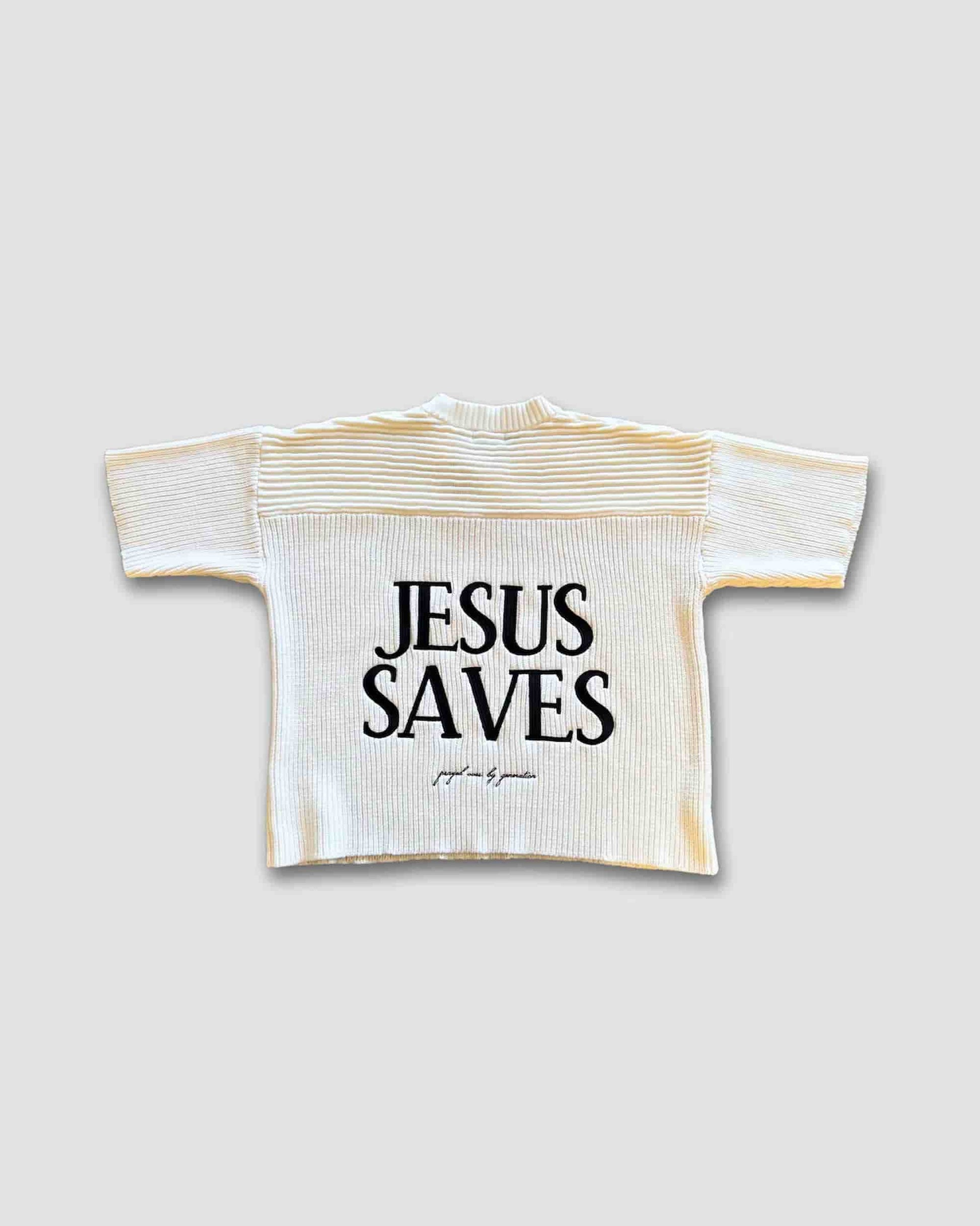 White t-shirt with 'Jesus Saves' text on a light gray background