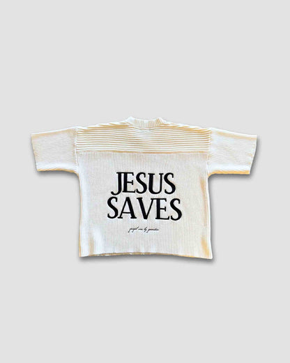 White t-shirt with 'Jesus Saves' text on a light gray background