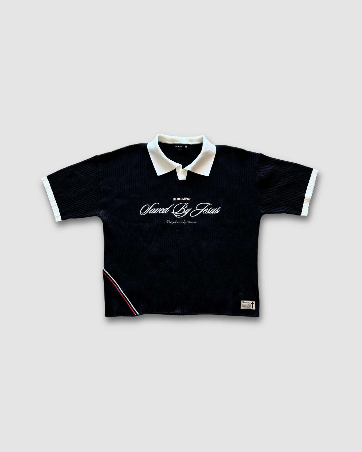 "SAVED BY JESUS" - BLACK KNIT POLO