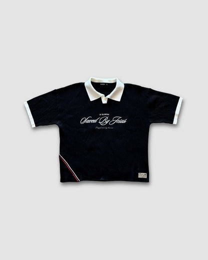 "SAVED BY JESUS" - BLACK KNIT POLO